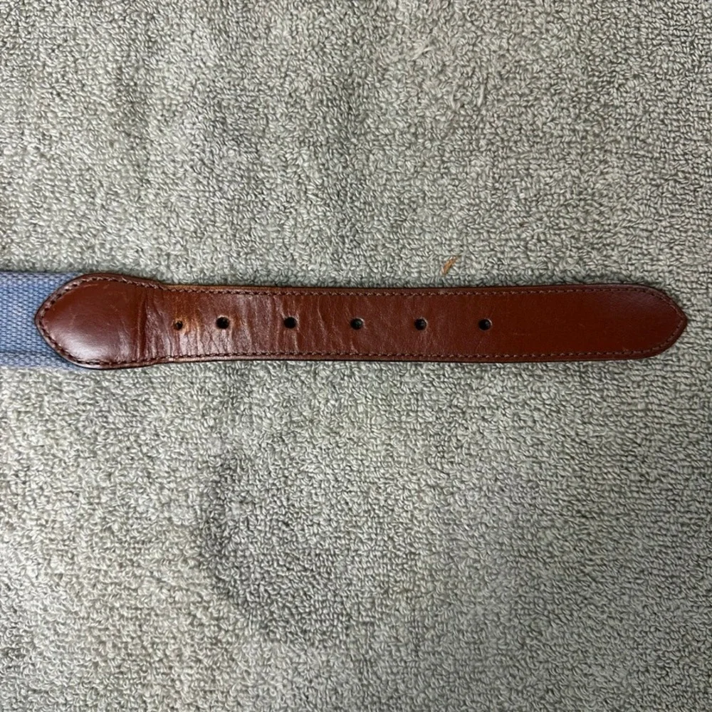 Tommy Bahama Mens XL 42-44 Blue Canvas Brown Leather Web Belt Marlin Logo